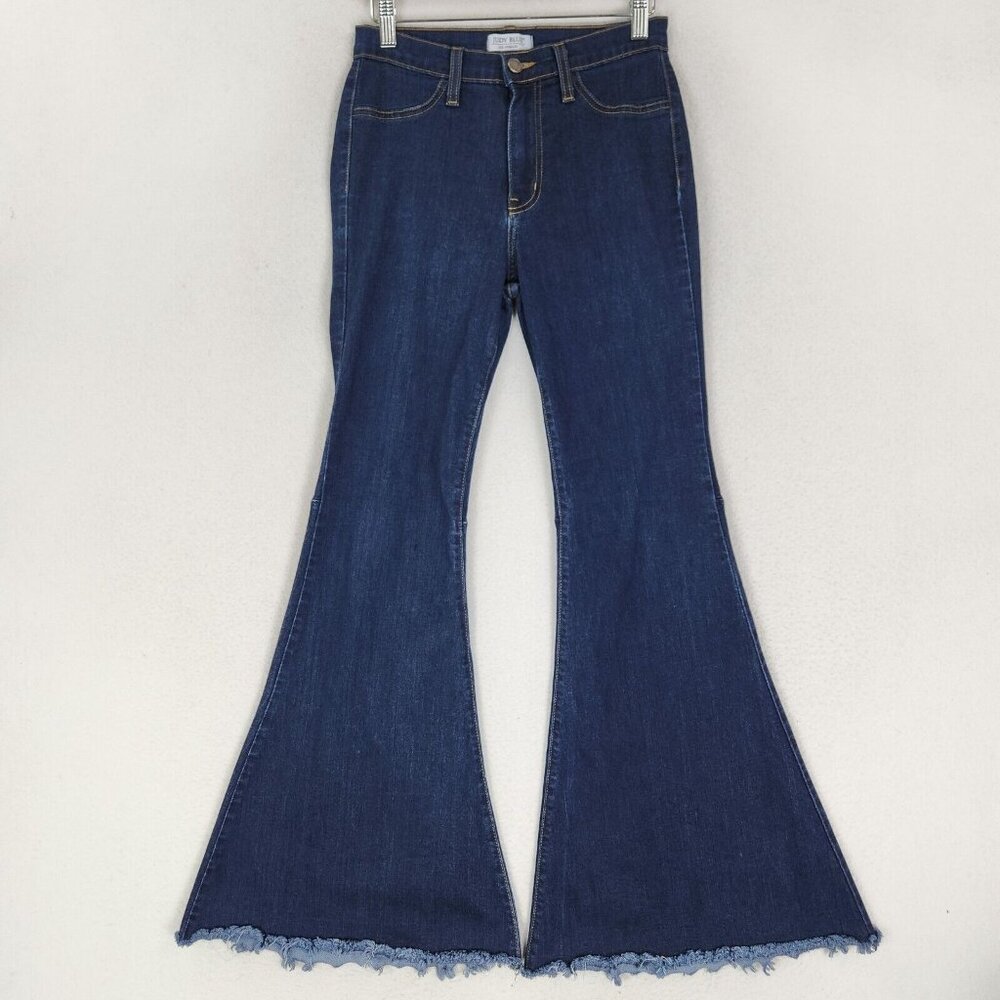Judy Blue Jeans Women 28 Blue Flare Leg Mid Rise Dark Wash Raw Hem Bell Bottoms